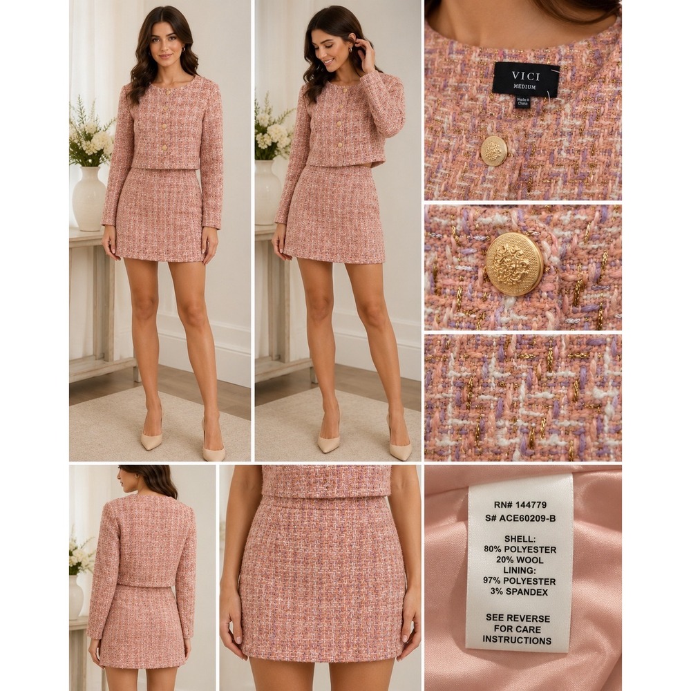 Vici Pink Purple Tweed Skirt Set Cropped Jacket Gold Buttons ACE60209-B Medium